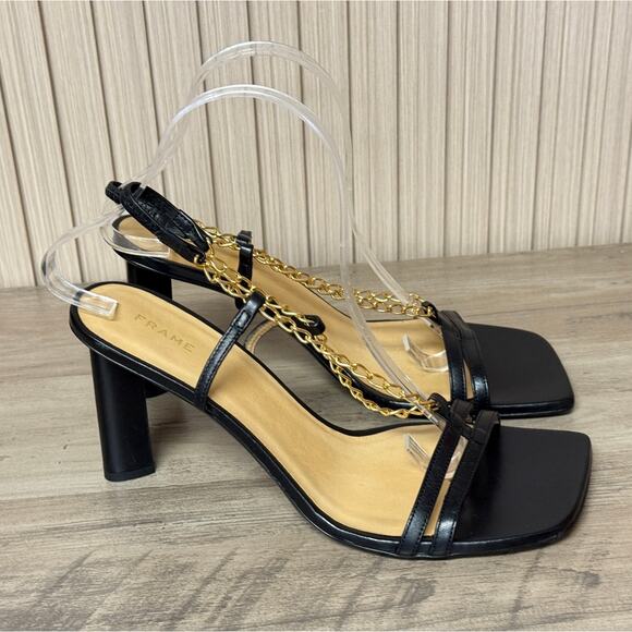 FRAME Le Tati Chain Noir Leather Slingback Sandal Black Gold Chain Size 9 - Picture 2 of 16
